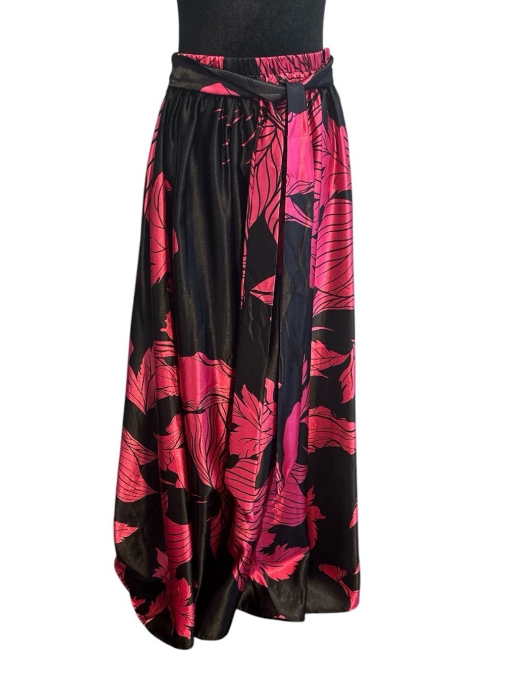 Y2K Satin Maxi Skirt Pink Black Tropical Print Glam  Skirt M Made in India